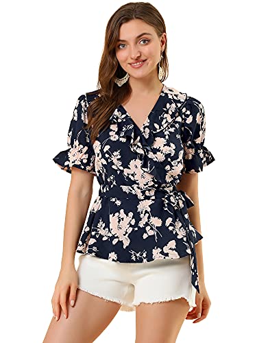 Allegra K Damen Kurzarm V Neck Bindegürtel Wickel Blumen Top Bluse Blau S von Allegra K