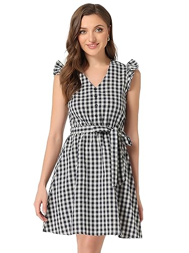 Allegra K Damen Kurzarm V Neck Volant Bindegürtel Kariert Minikleid Kleid Marineblau M von Allegra K