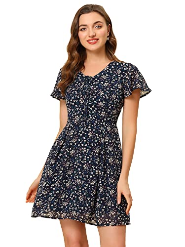 Allegra K Damen Sommerkleid V-Ausschnitt Blumenmuster Minikleid Kurzarm Volant Chiffon Kleid Navy blau XL von Allegra K