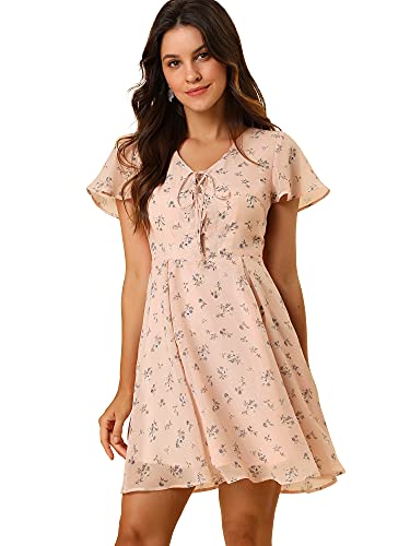 Allegra K Damen Sommerkleid V-Ausschnitt Blumenmuster Minikleid Kurzarm Volant Chiffon Kleid Pink Blau L von Allegra K