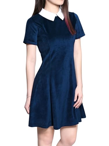 Allegra K Damen Kurzarm A-Linie Bubikragen Kleid Knielang Party Minikleid Blau XS von Allegra K