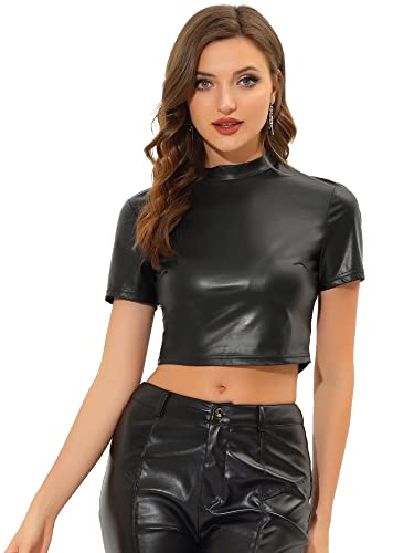 Allegra K Damen Kurzarm Stehkragen Party Club Einfarbig Wetlook Crop Top Schwarz XS von Allegra K