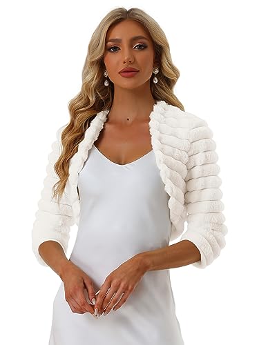 Allegra K Damen Kurze Jacke 3/4 Ärmel Vorne Offener Kunstpelz Flauschige Shrug Bolero Weiß S von Allegra K