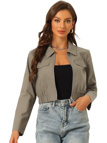 Allegra K Damen Kurze Jacken Leichte Langärm Utility Crop Anorakjacke mit Reißverschluss und Revers Graues Armeegrün XS von Allegra K