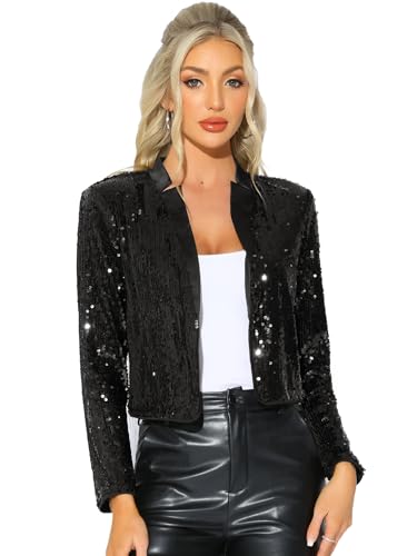Allegra K Damen Kurze Pailletten Jacke Partys Langärm vorne Offen Funkelnder Glitzer Blazer Schwarz M von Allegra K