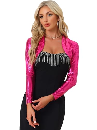 Allegra K Damen Kurzer Bolero Holographic Party Schimmernd Glänzend Leicht Metallic Crop Jacke Rosenrot L von Allegra K