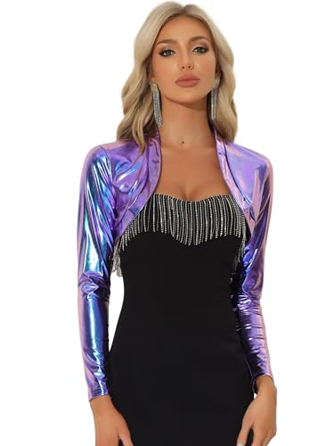 Allegra K Damen Kurzer Bolero Holographic Party Schimmernd Glänzend Leicht Metallic Crop Jacke Schwarz Lila XS Allegra K Damen Kurzer Bolero Holographic Party Schimmernd Glänzend Leicht Metallic Crop Jacke Schwarz Lila XS von Allegra K