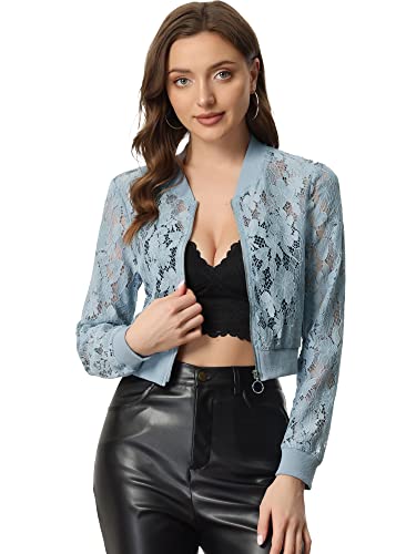 Allegra K Damen Lace Sheer Crochet Langarm Durchsichtig Crop Party Club Jacke Grau Blau M von Allegra K