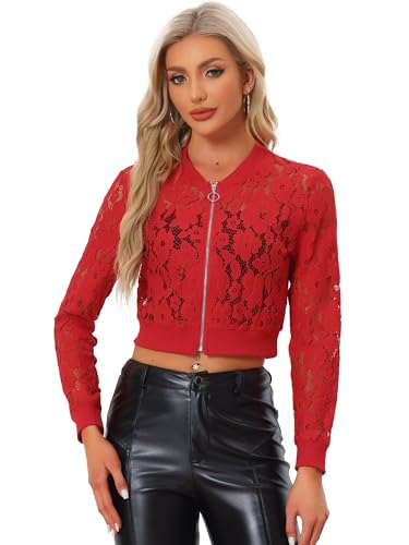 Allegra K Damen Lace Sheer Crochet Langarm Durchsichtig Crop Party Club Jacke Rot S von Allegra K