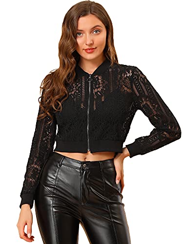 Allegra K Damen Lace Sheer Crochet Langarm Durchsichtig Crop Party Club Jacke Schwarz L von Allegra K