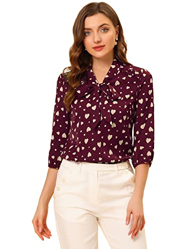 Allegra K Damen Schluppenbluse Bluse mit Schleife 3/4 Ärmel Polka Dots Binder Rüschen Elegant Top Burgund Herz M von Allegra K