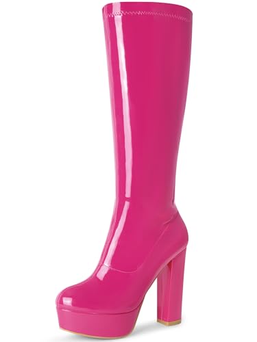Allegra K Damen Lackleder Plateau Gogo Stiefel Chunky Heel Kniehohe Stiefel, Knallpink (Hot Pink), 38.5 EU von Allegra K