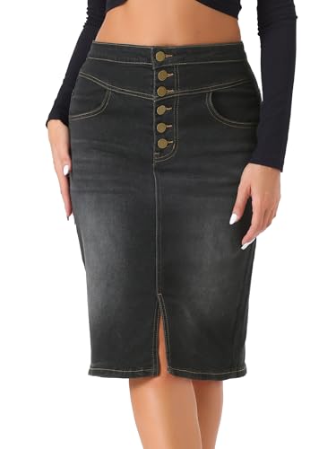 Allegra K Damen Lässig Jeansrock Hoher Taille A-Linie Schlitz Stretch Denim Minirock Rock Schwarz L von Allegra K