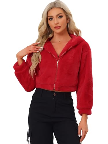 Allegra K Damen Lässig Kunstpelzmantel Reißverschluss Kapuze Kurze Fuzzy-Jacke Rot M von Allegra K