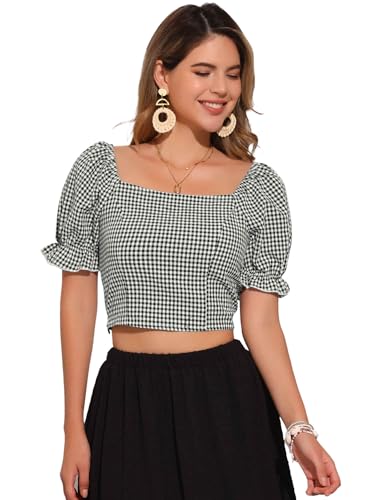 Allegra K Damen Lässige Bluse, gesmoktes Crop-Top mit Gingham-Blasenärmeln Schwarz-Weiß XL von Allegra K