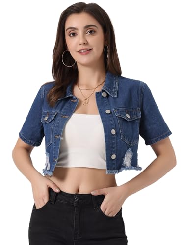 Allegra K Damen Lässige Crop Jacken Kurzärm Jeansjacke mit Kragen Blau M von Allegra K