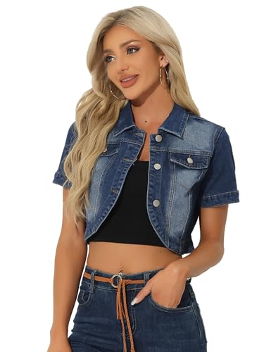 Allegra K Damen Lässige Jeansjacke Turndown Kragen Kurzarm Bauchfreie Denim Jacke Blau M von Allegra K