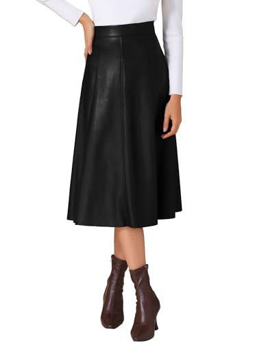 Allegra K Damen Lässiger Vintage Midirock mit Hoher Taille A-Linie Kunst PU Leder Rock Schwarz S von Allegra K