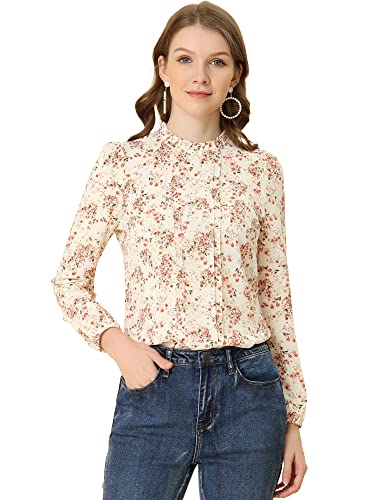 Allegra K Damen Lässiges Langen Ärmeln und Rüschenkragen Blumen Bluse Top Weiß-Orange L von Allegra K