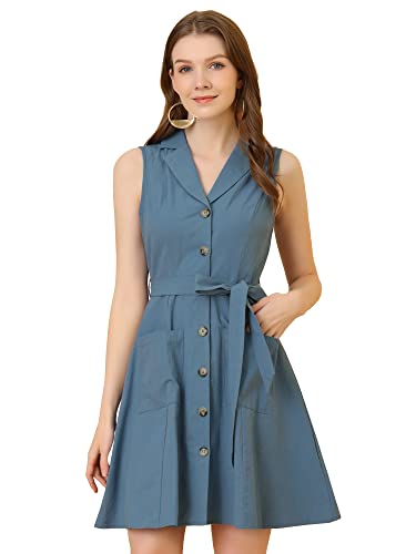 Allegra K Damen Lässiges ärmelloses Gekerbtem Revers und Gürtel Hemdkleid Grau Blau XL von Allegra K