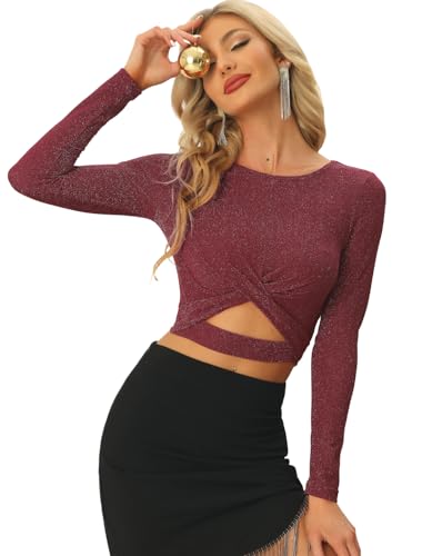 Allegra K Damen Crop Top Festival Outfit Glitzer Langarm Rundhals Crop Top Bauchfreies Shirt Burgundy XS von Allegra K
