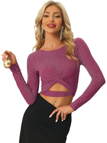 Allegra K Damen Cut Out Oberteil Festival Glitzer Langarm Rundhals Crop Top Bauchfreies Shirt Fuchsie M von Allegra K