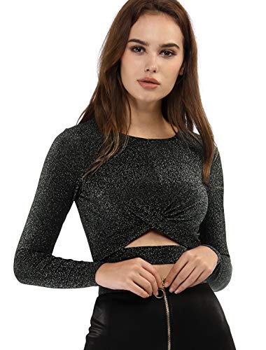Allegra K Damen Crop Top Festival Outfit Glitzer Langarm Rundhals Crop Top Bauchfreies Shirt Schwarz XL von Allegra K