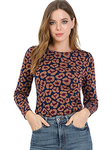 Allegra K Damen Lagnarm Rundhals Leopard Sweatshirt Strickpullover Navy Blau XS von Allegra K