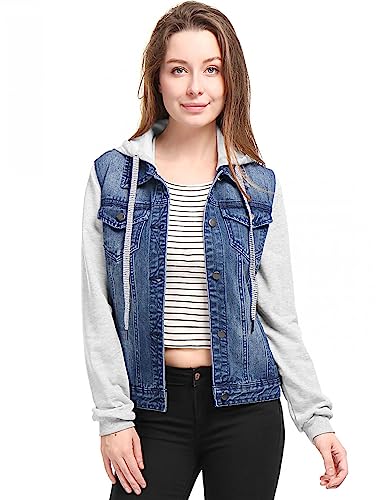 Allegra K Damen Jeansjacke mit Kapuze Langarm Button Panel Hoodie Denim Jacke Dunkelblau S von Allegra K