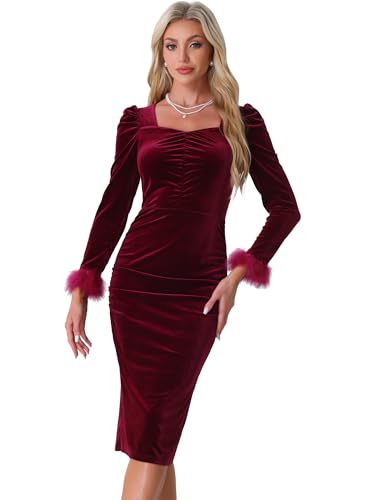 Allegra K Damen Langärm Samtkleid mit Wuadratischem Puffärmeln Hochzeits Party Cocktail Abend Midikleider Burgund S von Allegra K