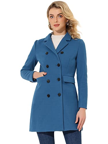 Allegra K Damen Langarm Wintermantel Umlegekragen Zweireiher Kammgarn Trenchcoat Mantel Blau Grau M von Allegra K