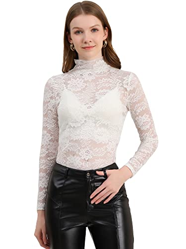 Allegra K Damen Langarm Durchsichtig Spitze Oberteil Stehkragen Mesh Blumen Lace Hochgeschlossene Top Bluse Weiß XS von Allegra K