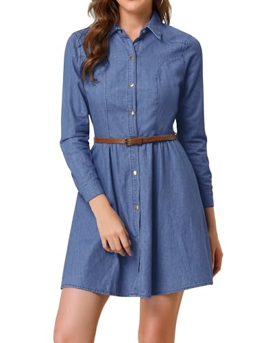 Allegra K Damen Langarm A Linie Knopfleiste Jeanskleid Kleid Blau M von Allegra K