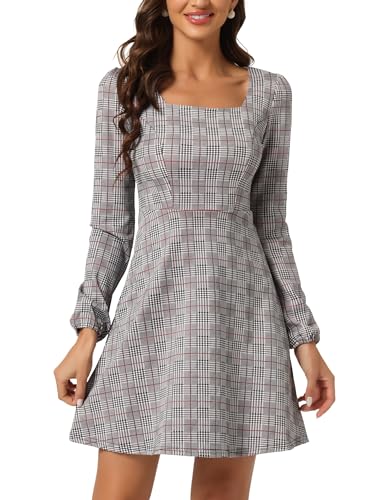 Allegra K Damen Langarm A-Linie Quadratischer Hals Kariertes Minikleid Elegantes Arbeit Plaid Kleid Weiß Schwarz Rosa M von Allegra K