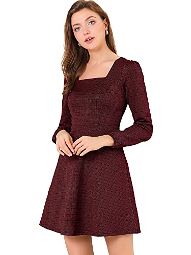 Allegra K Damen Langarm A-Linie Quadratischer Hals Kariertes Minikleid Elegantes Arbeit Plaid Kleid Rotes Gold XS von Allegra K