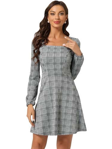 Allegra K Damen Langarm A-Linie Quadratischer Hals Kariertes Minikleid Elegantes Arbeit Plaid Kleid Weiß Schwarz Grün L von Allegra K