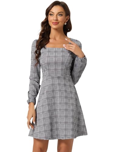 Allegra K Damen Langarm A-Linie Quadratischer Hals Kariertes Minikleid Elegantes Arbeit Plaid Kleid Weiß Schwarz Lila S von Allegra K