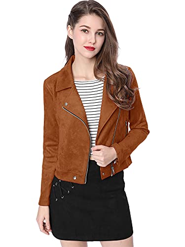 Allegra K Damen Langarm Asymmetrisch Reißverschluss Crop Fahrradjacke Jacke Braun XL von Allegra K