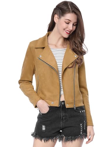 Allegra K Damen Langarm Asymmetrisch Reißverschluss Crop Fahrradjacke Jacke Khaki L von Allegra K