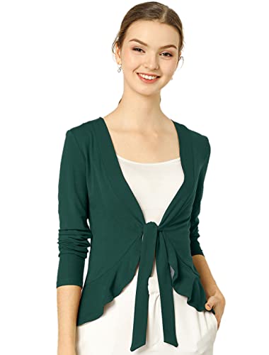 Allegra K Damen Langarm Strickjacke Crop Shrug Volant Krawatte Offen Elegantes Cardigan Grün XL von Allegra K