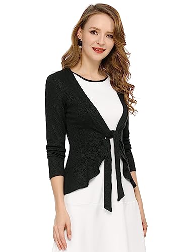 Allegra K Damen Langarm Strickjacke Crop Shrug Volant Krawatte Offen Elegantes Cardigan Schwarz L von Allegra K