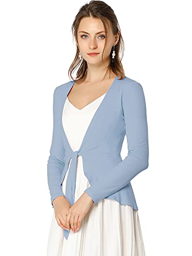 Allegra K Damen Langarm Strickjacke Crop Shrug Volant Krawatte Offen Elegantes Cardigan Hellblau L von Allegra K