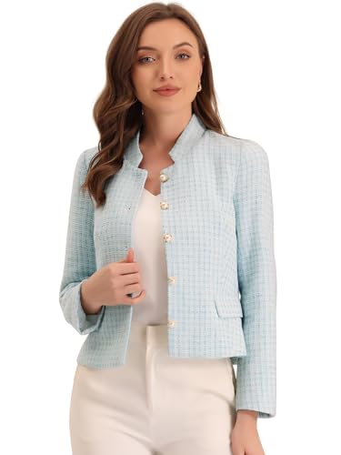 Allegra K Damen Langarm Blazer Kariert Tweed Knöpfen Dekor Arbeit Büro Bauchfreie Jacke Hellblau L von Allegra K