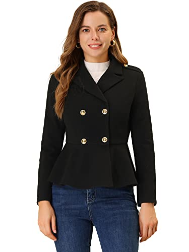 Allegra K Damen Langarm Blazer Knöpfen Rüschensaum Elegant Kurz Wintermantel Mantel Schwarz L von Allegra K