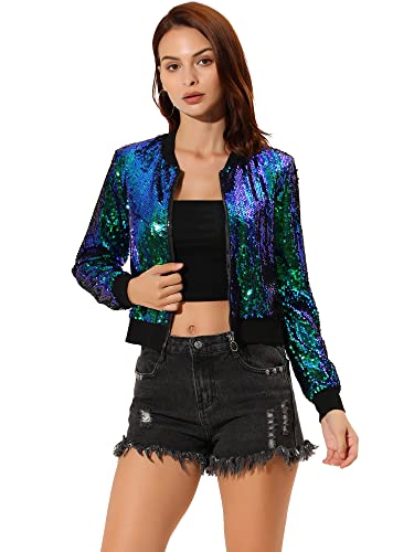 Allegra K Damen Bomberjacke Langarm Glitzer Pailletten Party Jacke Grün XL von Allegra K