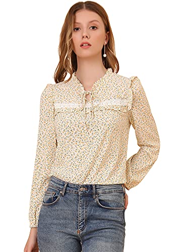 Allegra K Damen Langarm Blumen Rüschen Krawatte Hals Spitzenbesatz Chiffon Bluse Weiß L von Allegra K