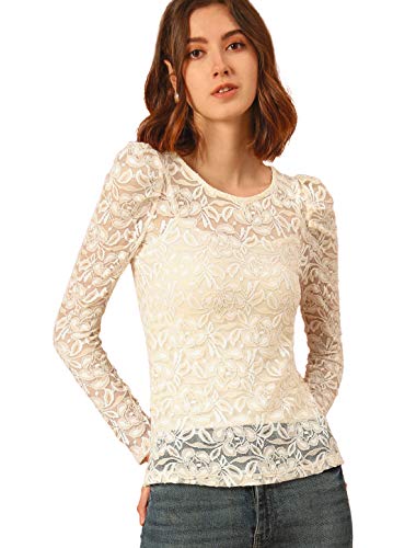 Allegra K Damen Langarm Bluse Vintage Semi Sheer Puffärmel Elegant Spitze Top, beige, 46 Allegra K Damen Langarm Bluse Vintage Semi Sheer Puffärmel Elegant Spitze Top, beige, 46 von Allegra K
