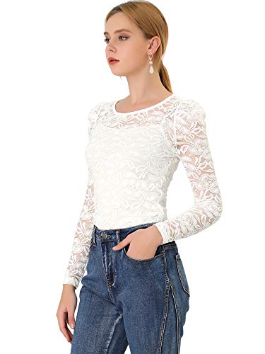 Allegra K Damen Langarm Bluse Vintage Semi Sheer Puffärmel Elegant Spitze Top, weiß, 42 von Allegra K