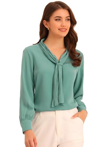 Allegra K Damen Langarm Blusen Chiffon Plissee Krawatte Hals Büro Top Shirt, Mint Blau, Groß von Allegra K