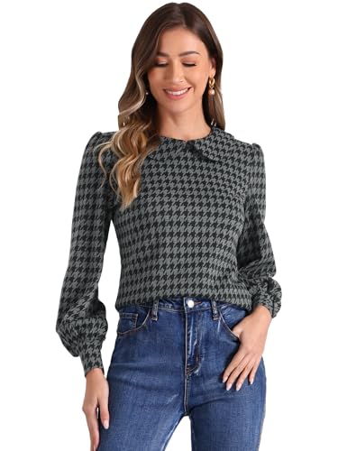 Allegra K Damen Langarm Blusen Bubikragen Hahnentrittmuster Knopfleiste hinten Top Oberteile Grau Schwarz M von Allegra K